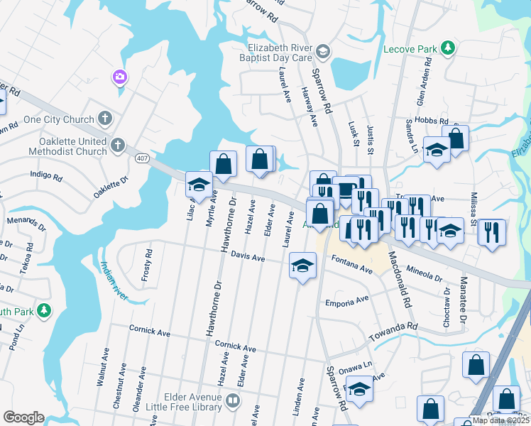 map of restaurants, bars, coffee shops, grocery stores, and more near 1116 Elder Avenue in Chesapeake