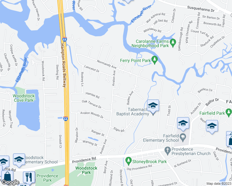map of restaurants, bars, coffee shops, grocery stores, and more near 5620 Princess Avenue in Virginia Beach