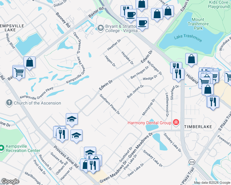 map of restaurants, bars, coffee shops, grocery stores, and more near 600 Ryder Cup Lane in Virginia Beach