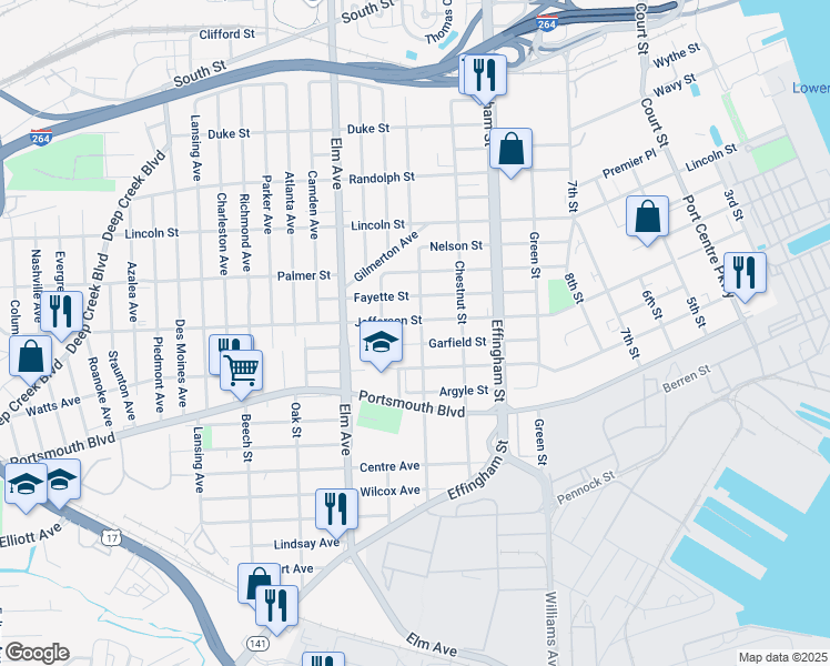 map of restaurants, bars, coffee shops, grocery stores, and more near 2310 Peach Street in Portsmouth
