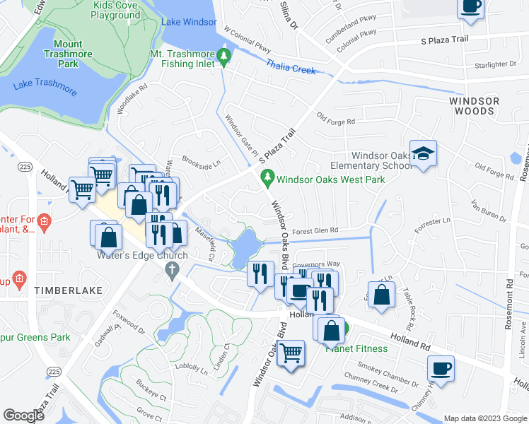 map of restaurants, bars, coffee shops, grocery stores, and more near 613 Windsor Lake Place in Virginia Beach