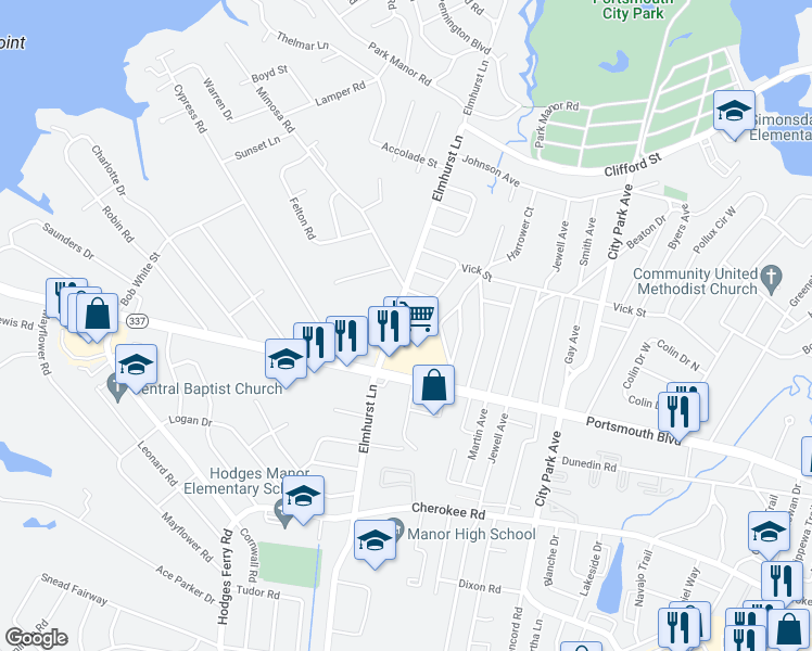 map of restaurants, bars, coffee shops, grocery stores, and more near 111 Elmhurst Court in Portsmouth