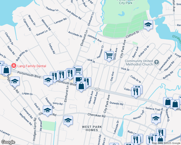 map of restaurants, bars, coffee shops, grocery stores, and more near 17 Maurice Avenue in Portsmouth