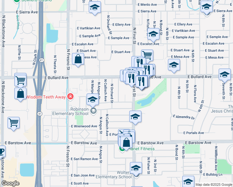 map of restaurants, bars, coffee shops, grocery stores, and more near 5666 North Orchard Street in Fresno