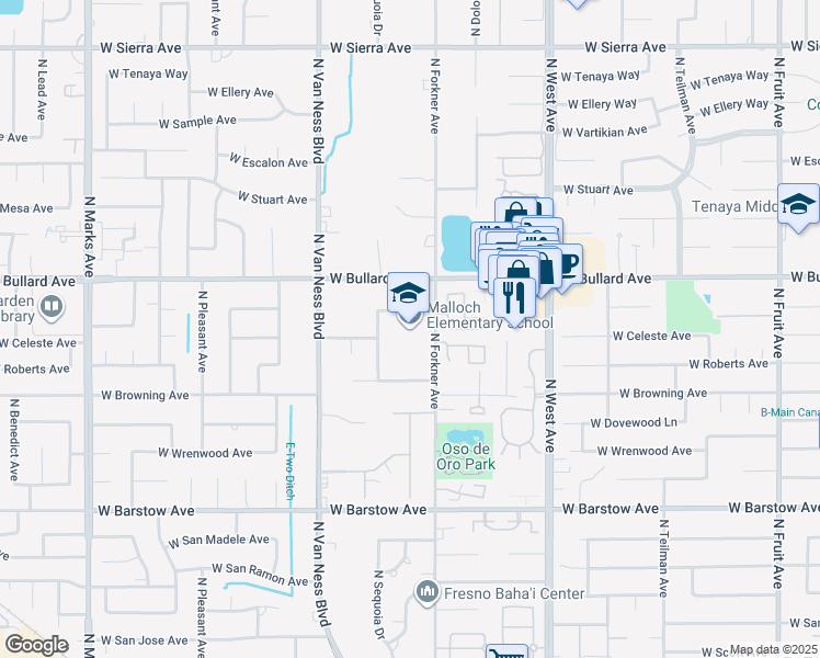 map of restaurants, bars, coffee shops, grocery stores, and more near 2251 West Morris Avenue in Fresno