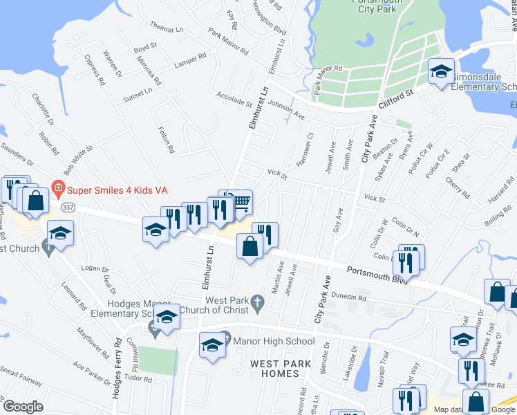 map of restaurants, bars, coffee shops, grocery stores, and more near 18 Roberts Court West in Portsmouth