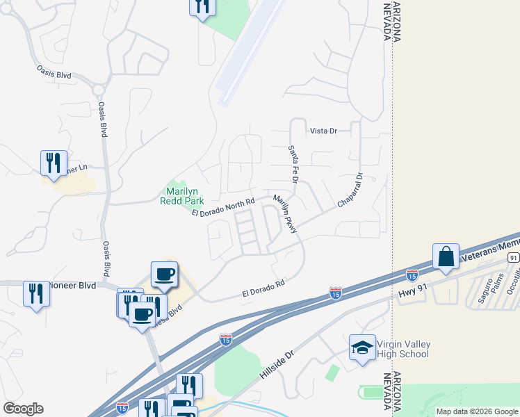 map of restaurants, bars, coffee shops, grocery stores, and more near 726 Mountain Ridge Street in Mesquite