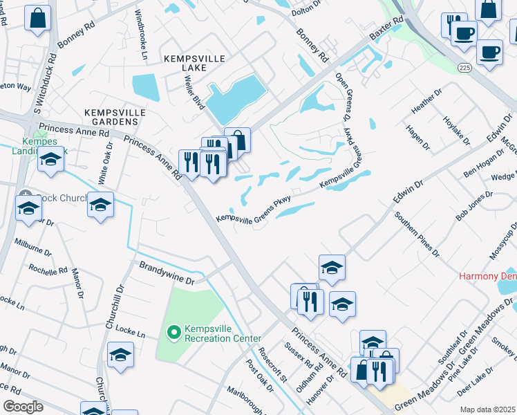 map of restaurants, bars, coffee shops, grocery stores, and more near 4857 Kempsville Greens Parkway in Virginia Beach