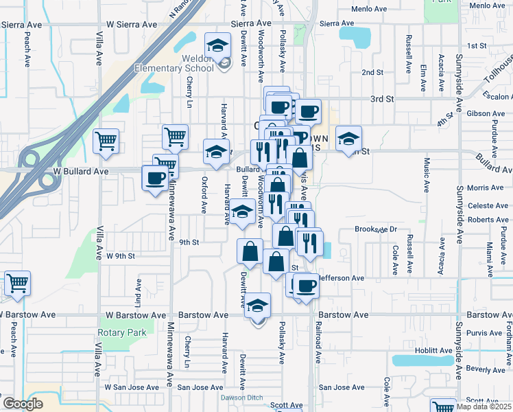 map of restaurants, bars, coffee shops, grocery stores, and more near 520 Eighth Street in Clovis