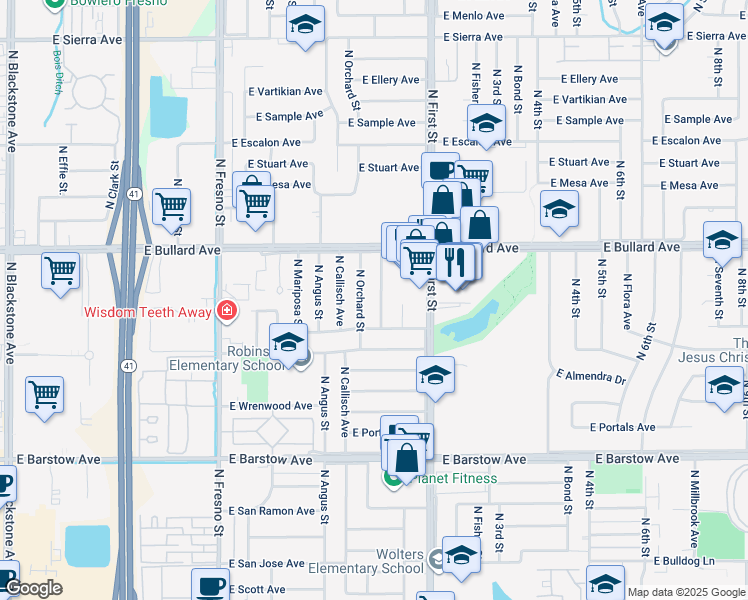 map of restaurants, bars, coffee shops, grocery stores, and more near 5666 North Orchard Street in Fresno