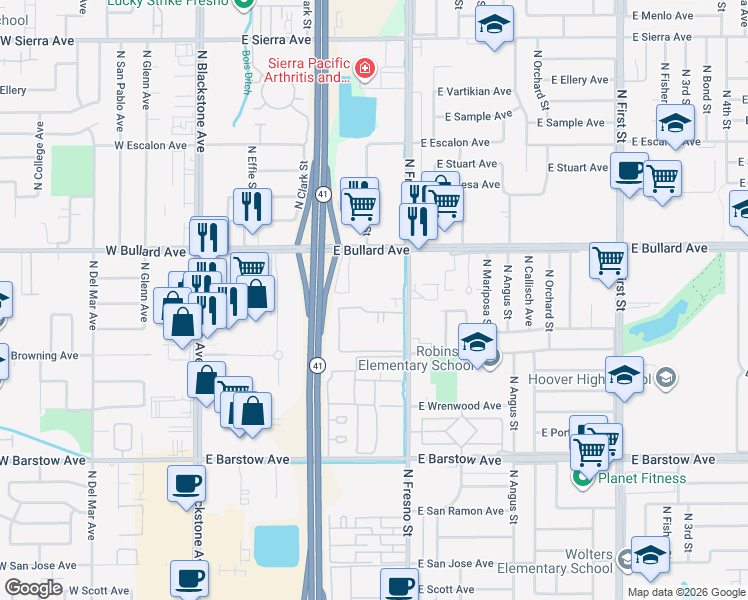 map of restaurants, bars, coffee shops, grocery stores, and more near 5669 North Fresno Street in Fresno