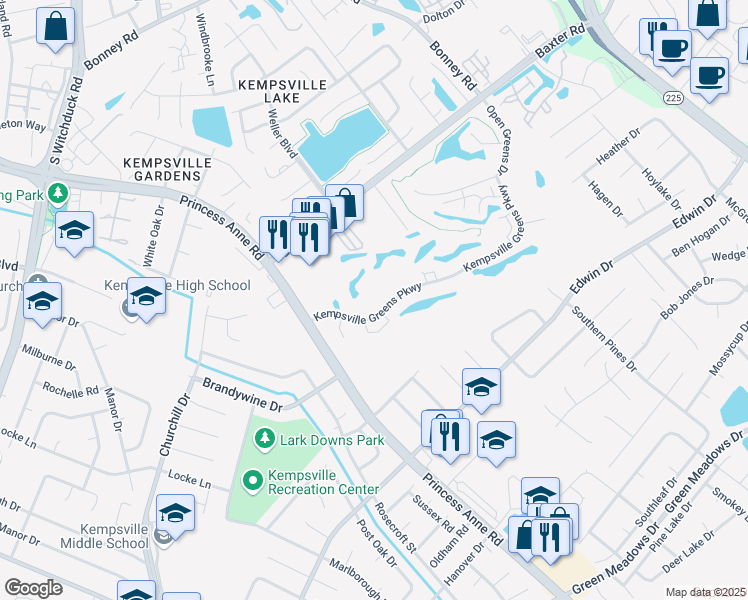 map of restaurants, bars, coffee shops, grocery stores, and more near 4857 Kempsville Greens Parkway in Virginia Beach