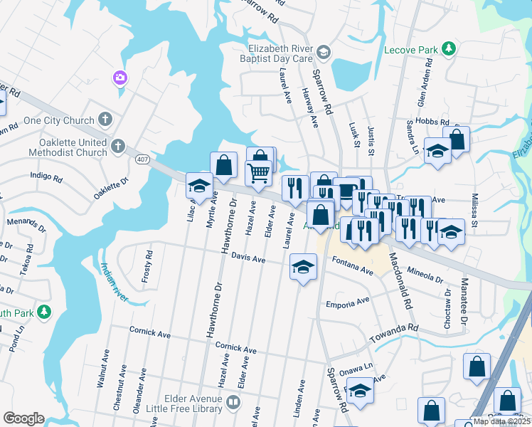map of restaurants, bars, coffee shops, grocery stores, and more near 1116 Elder Avenue in Chesapeake