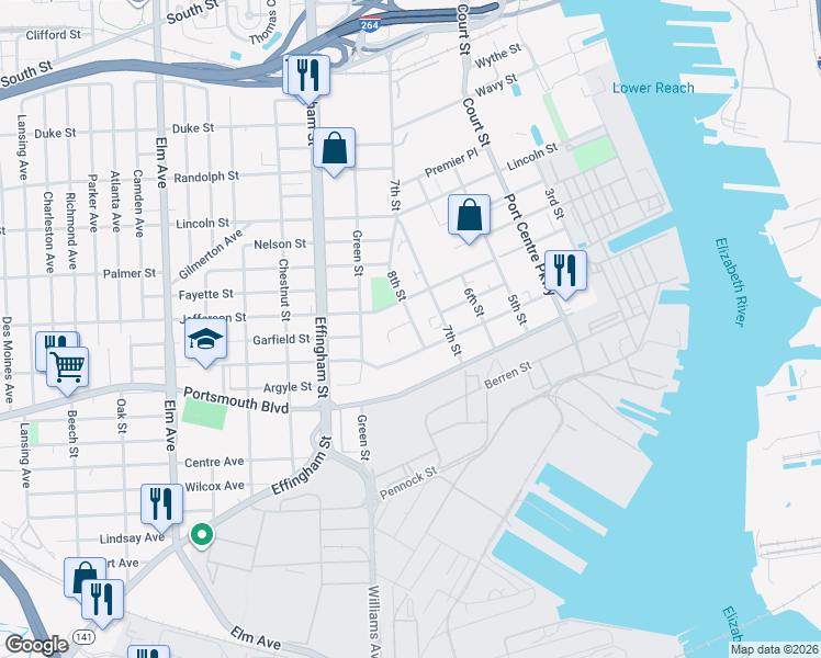 map of restaurants, bars, coffee shops, grocery stores, and more near 808 Madison Street in Portsmouth