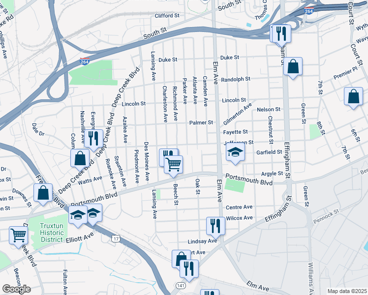 map of restaurants, bars, coffee shops, grocery stores, and more near 2403 Richmond Avenue in Portsmouth