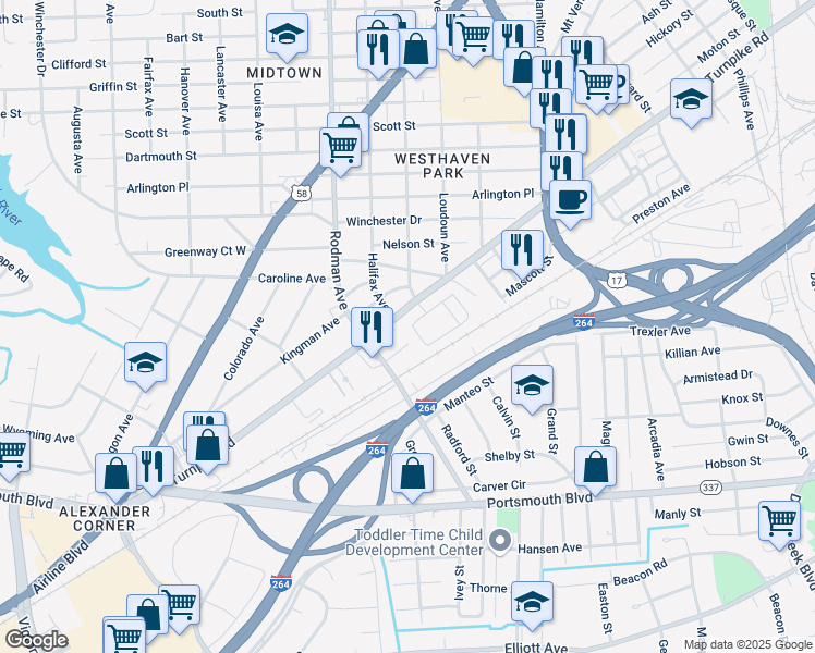 map of restaurants, bars, coffee shops, grocery stores, and more near 1044 Patriot Way in Portsmouth