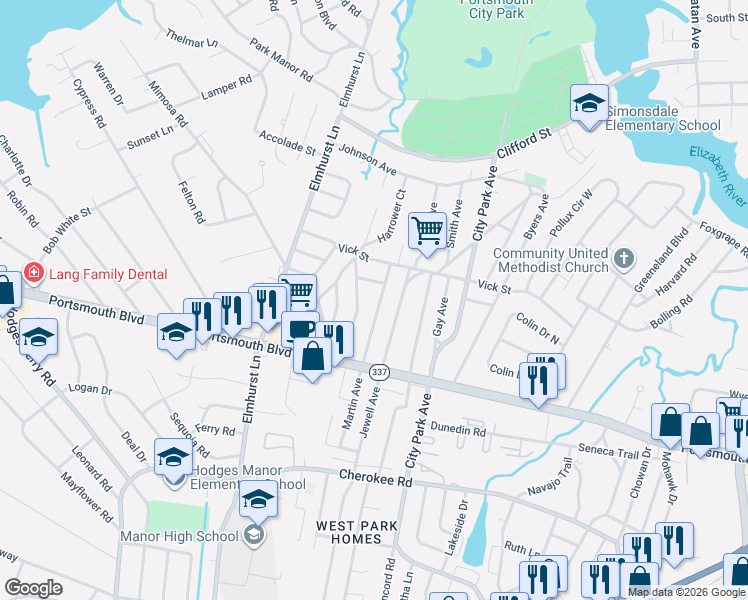 map of restaurants, bars, coffee shops, grocery stores, and more near 901 Martin Avenue in Portsmouth