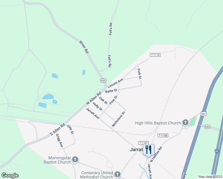 map of restaurants, bars, coffee shops, grocery stores, and more near 208 Batte Street in Jarratt
