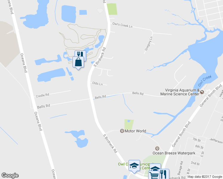 map of restaurants, bars, coffee shops, grocery stores, and more near 1032 Bells Road in Virginia Beach