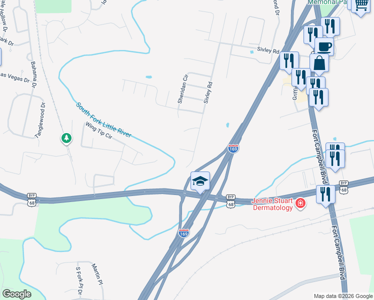 map of restaurants, bars, coffee shops, grocery stores, and more near Pavillion Drive in Hopkinsville