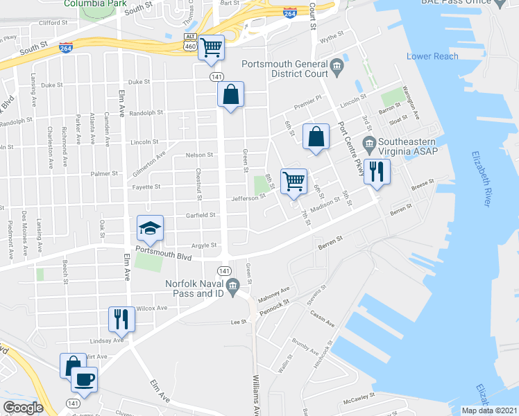 map of restaurants, bars, coffee shops, grocery stores, and more near 808 Bouie Court in Portsmouth