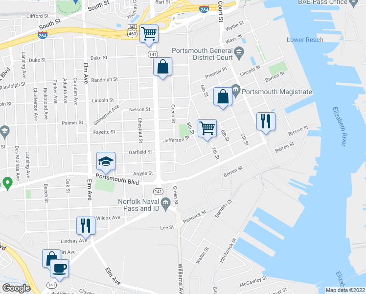 map of restaurants, bars, coffee shops, grocery stores, and more near 808 Bouie Court in Portsmouth