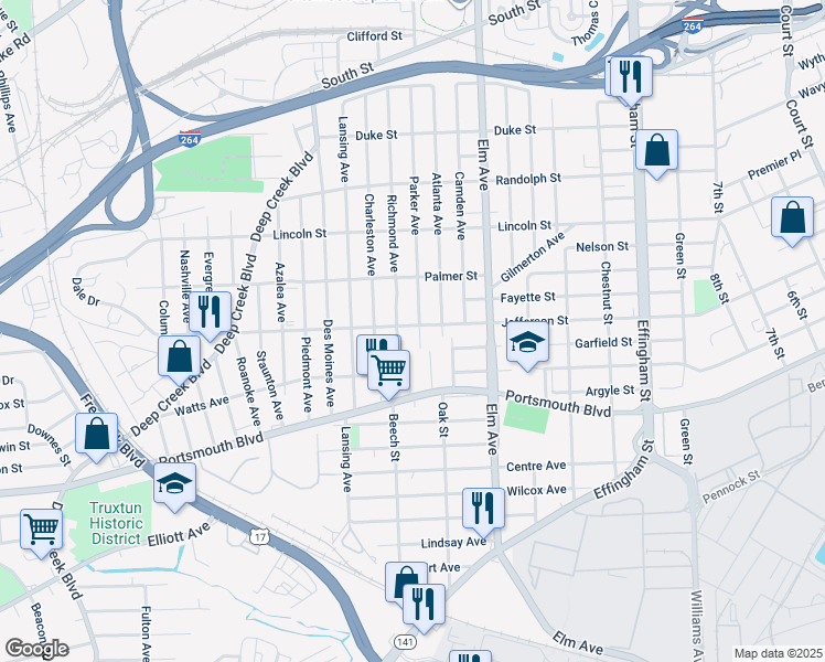 map of restaurants, bars, coffee shops, grocery stores, and more near 2403 Richmond Avenue in Portsmouth