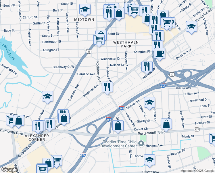 map of restaurants, bars, coffee shops, grocery stores, and more near 3608 Turnpike Road in Portsmouth