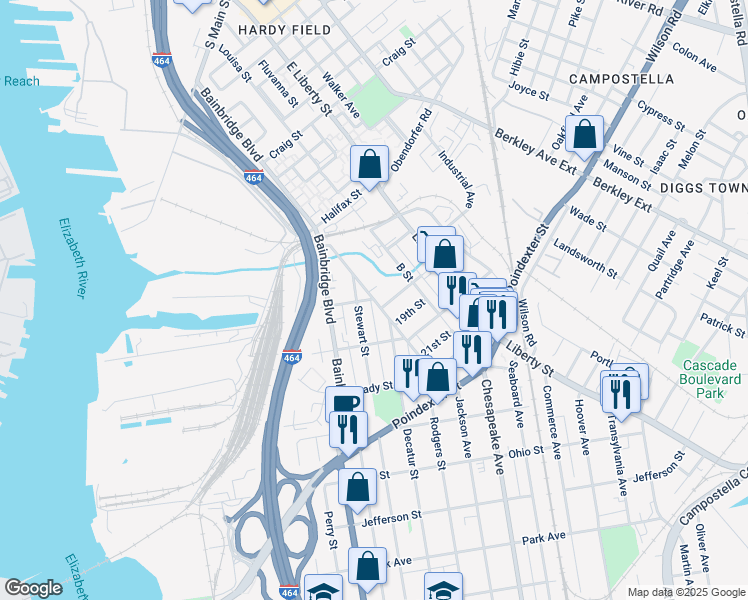 map of restaurants, bars, coffee shops, grocery stores, and more near 414 D Street in Chesapeake