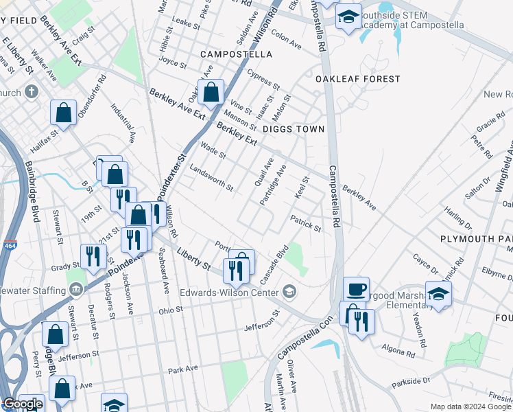 map of restaurants, bars, coffee shops, grocery stores, and more near 800 Partridge Avenue in Chesapeake