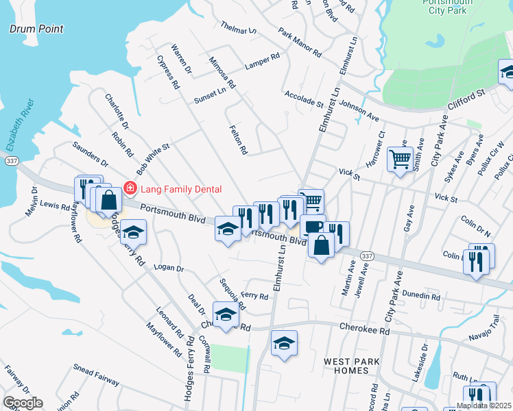 map of restaurants, bars, coffee shops, grocery stores, and more near 239 Cypress Road in Portsmouth