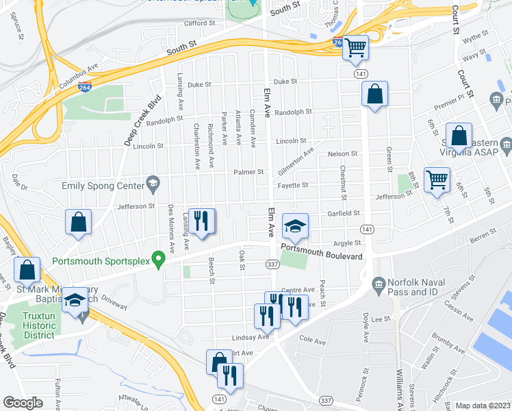 map of restaurants, bars, coffee shops, grocery stores, and more near 1325 Jefferson Street in Portsmouth