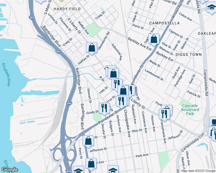 map of restaurants, bars, coffee shops, grocery stores, and more near 601 B Street in Chesapeake