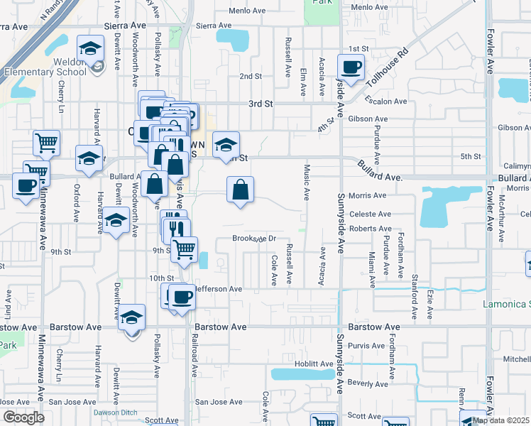 map of restaurants, bars, coffee shops, grocery stores, and more near 748 Rodeo Drive in Clovis