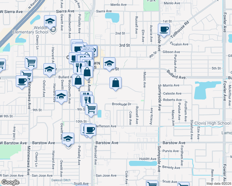map of restaurants, bars, coffee shops, grocery stores, and more near 748 Rodeo Drive in Clovis