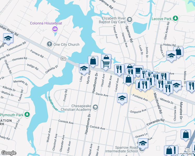 map of restaurants, bars, coffee shops, grocery stores, and more near 1116 Hawthorne Drive in Chesapeake