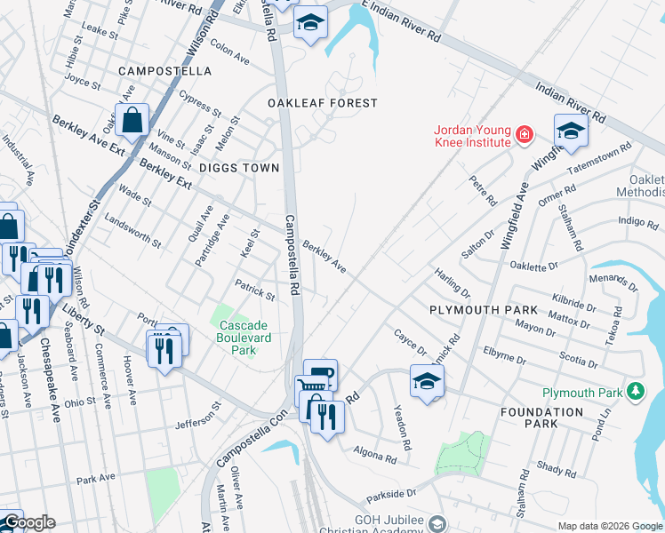map of restaurants, bars, coffee shops, grocery stores, and more near 2250 Berkley Avenue in Chesapeake