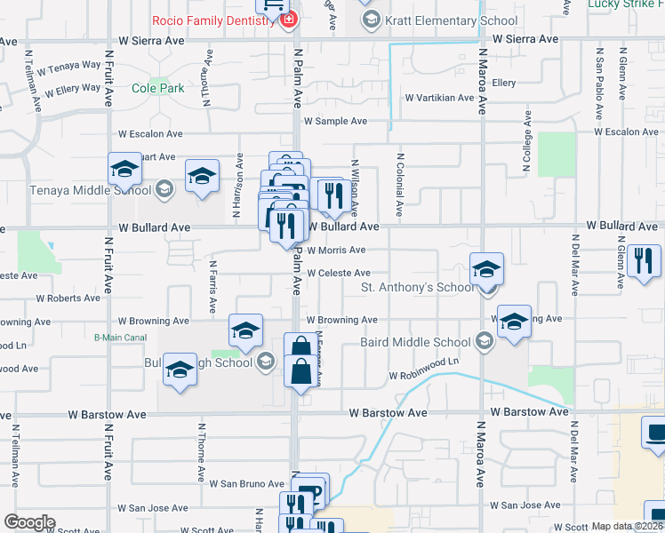 map of restaurants, bars, coffee shops, grocery stores, and more near 717 West Bullard Avenue in Fresno