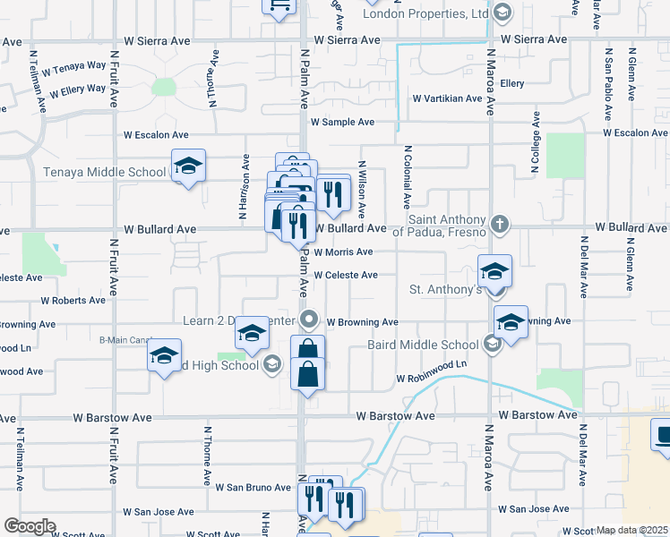 map of restaurants, bars, coffee shops, grocery stores, and more near 717 West Bullard Avenue in Fresno