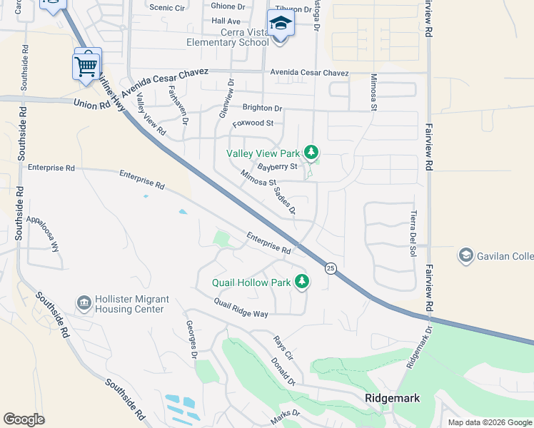 map of restaurants, bars, coffee shops, grocery stores, and more near 2592 Glenview Drive in Hollister