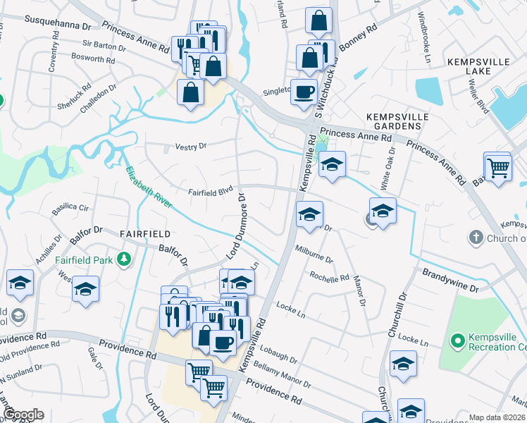 map of restaurants, bars, coffee shops, grocery stores, and more near 617 Rolleston Court in Virginia Beach
