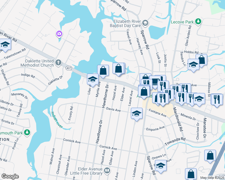 map of restaurants, bars, coffee shops, grocery stores, and more near 4004 Indian River Road in Chesapeake