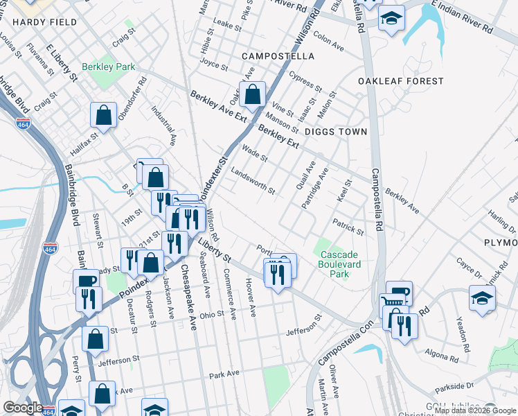 map of restaurants, bars, coffee shops, grocery stores, and more near 1600 Landsworth Street in Chesapeake