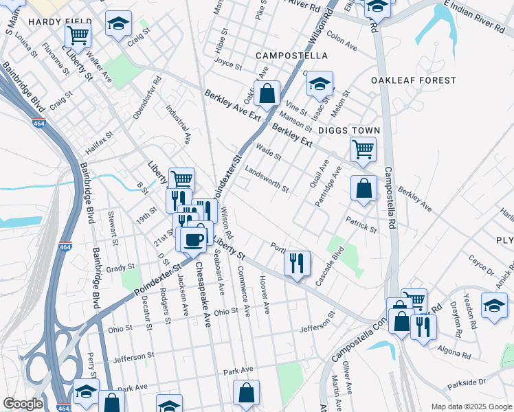 map of restaurants, bars, coffee shops, grocery stores, and more near 5236 Wilson Road in Chesapeake