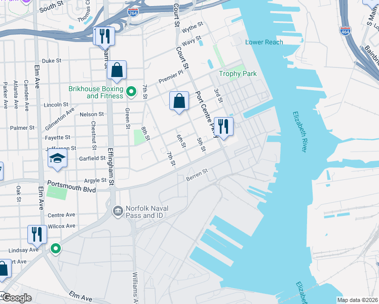 map of restaurants, bars, coffee shops, grocery stores, and more near 1024 5th Street in Portsmouth