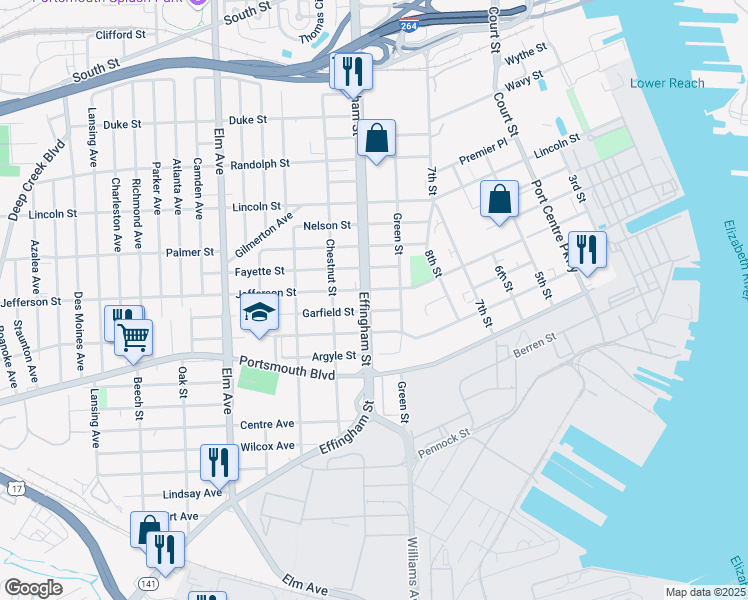 map of restaurants, bars, coffee shops, grocery stores, and more near 2200 Effingham Street in Portsmouth