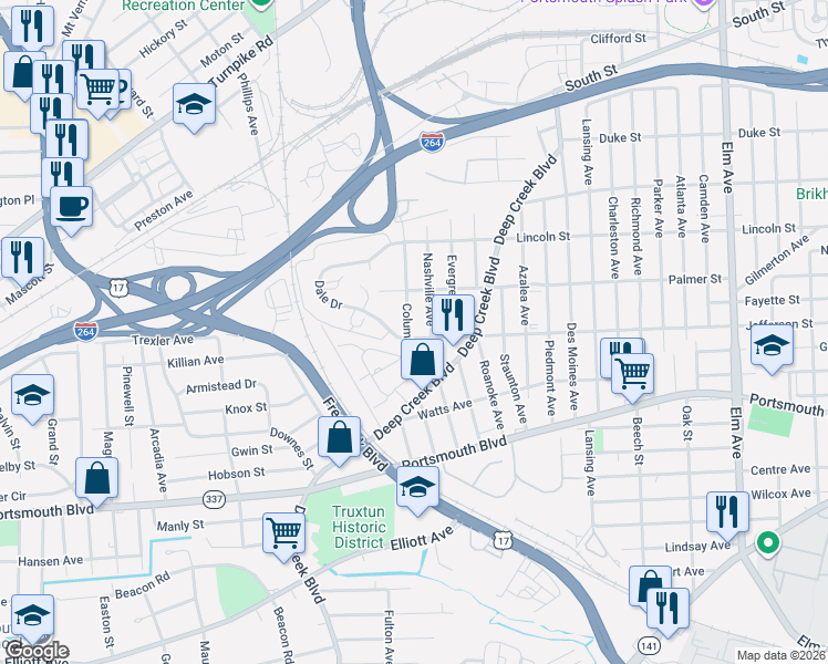 map of restaurants, bars, coffee shops, grocery stores, and more near 2114 Nashville Avenue in Portsmouth