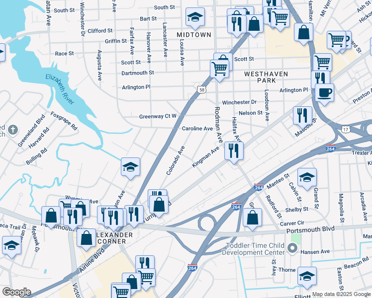 map of restaurants, bars, coffee shops, grocery stores, and more near 2012 Colorado Avenue in Portsmouth