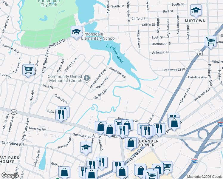 map of restaurants, bars, coffee shops, grocery stores, and more near 42 Harvard Road in Portsmouth