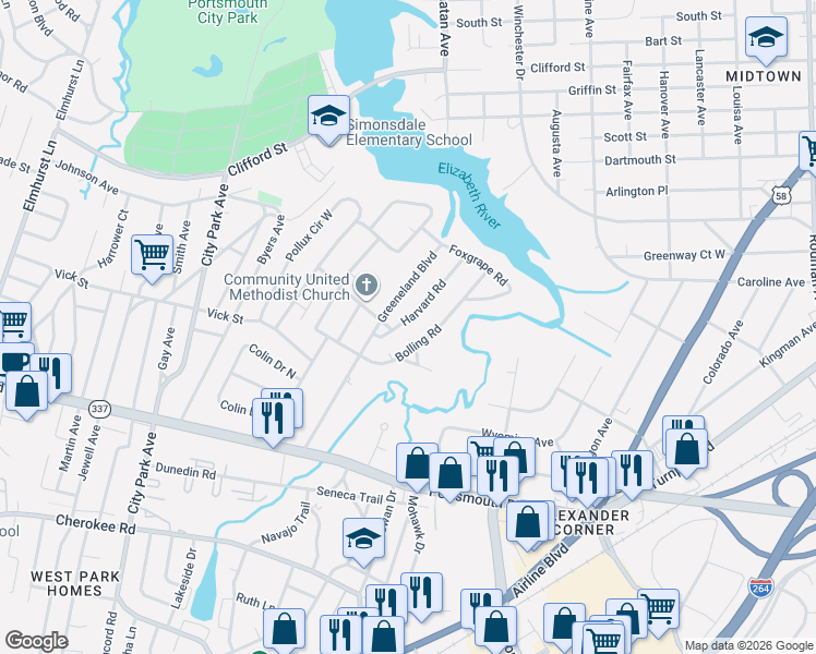 map of restaurants, bars, coffee shops, grocery stores, and more near 42 Greeneland Boulevard in Portsmouth